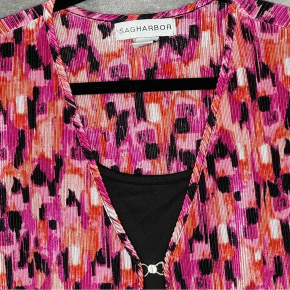 Sag Harbor L Large Shirt Top Pink Abstract Short Sleeve Scoop Neck Layered Look - Picture 3 of 6